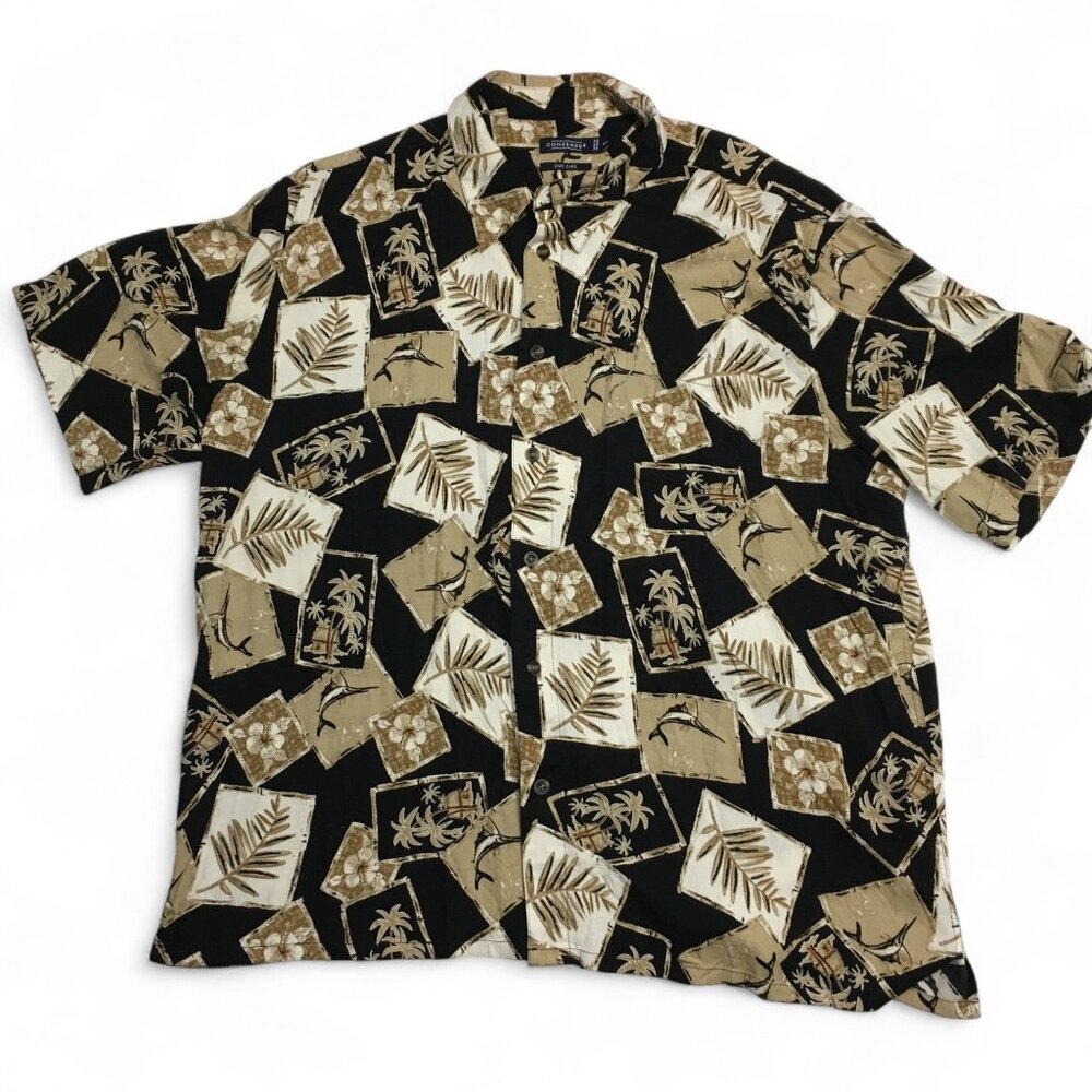 Consensus Size XXL Hawaiian Shirt Black Tan Tropical Palm Tree Camp Aloha